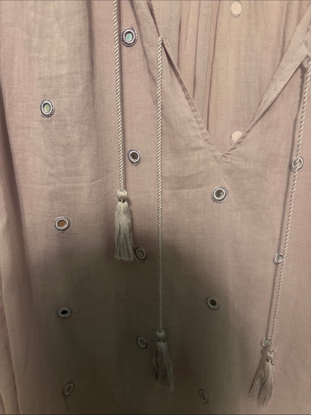 Free People 100% Cotton Lavender Silver Embellished Boho Tassel Tunic Size L - Picture 10 of 10